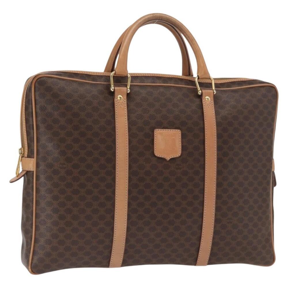 CELINE Macadam Canvas Business Bag PVC Leather Brown Gold Auth bs31895